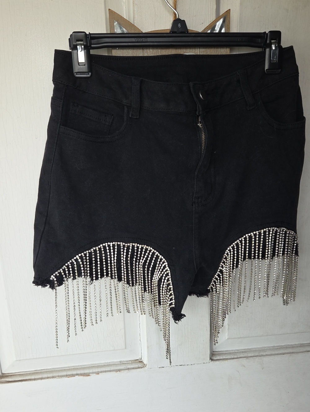 Black Women's Fringe Rhinestone Denim Skorts Size Medium Festival